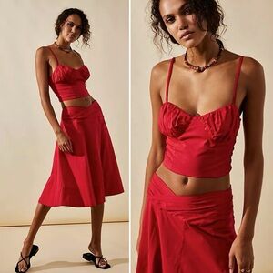 RARE ⚡️ NEW FREE PEOPLE SO POSH CROP TOP BUSTIER MIDI SKIRT LYCHEE 2-PIECE SET